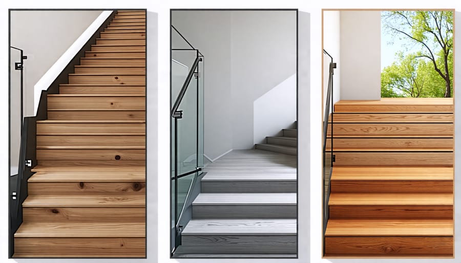 Different materials for stair railings compared: wood, metal, glass