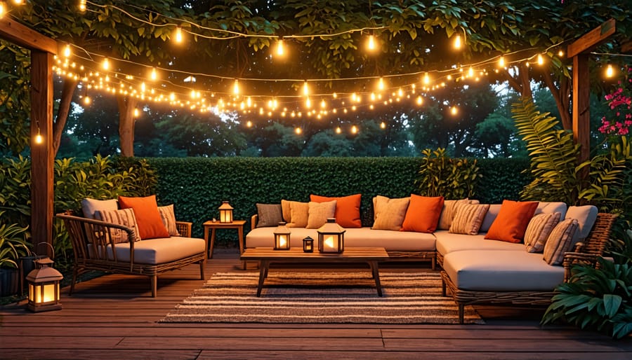 Inviting outdoor living space with string lights and lanterns creating a warm atmosphere