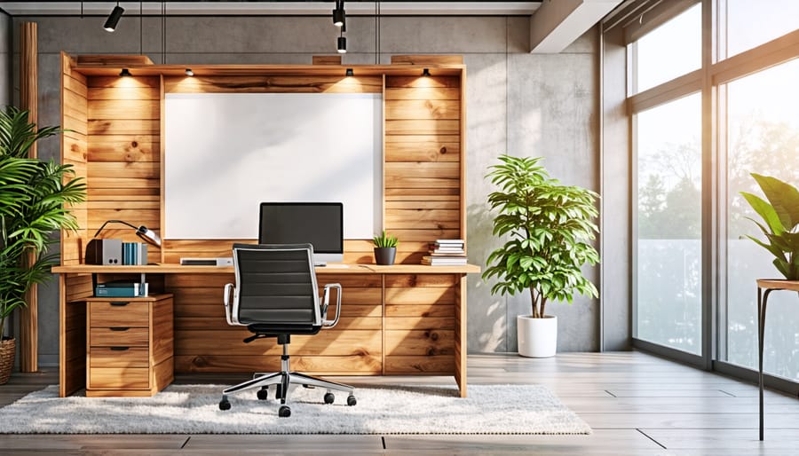 Chic home office workspace featuring a handmade wooden desk divider