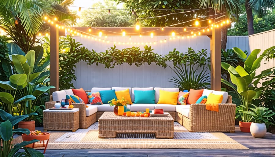 Summer backyard patio with vibrant furniture and coastal decor elements