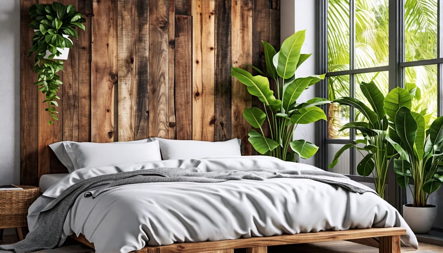 Sustainable bedroom design with organic fabrics, reclaimed wood, and green decor