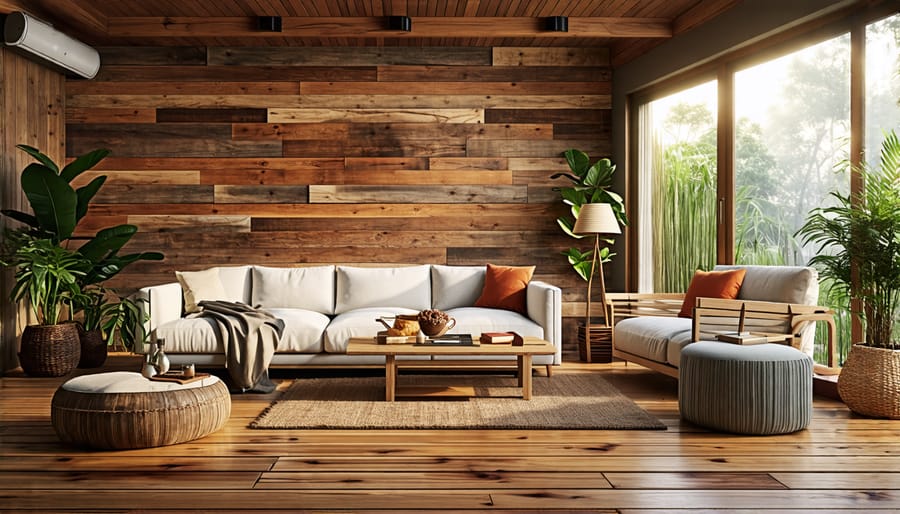 Sustainable living room design with reclaimed wood, bamboo, and vintage elements