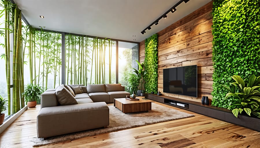 Sustainable living room design with reclaimed wood, bamboo, and indoor plants