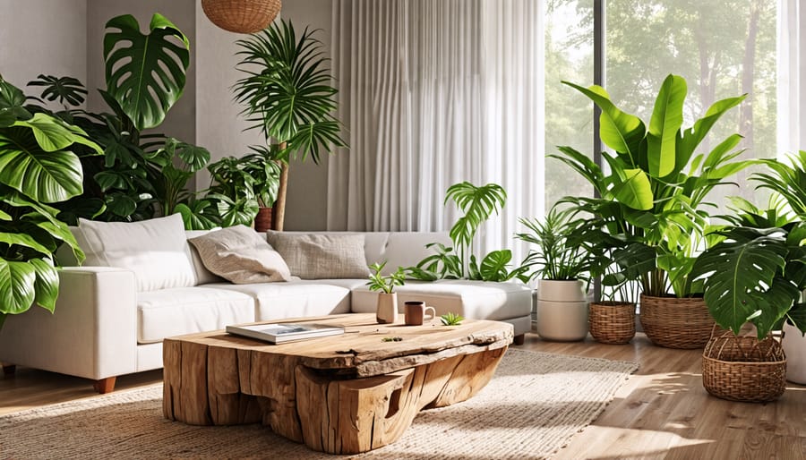 Sustainable and biophilic living room design with reclaimed wood furniture and organic textiles.