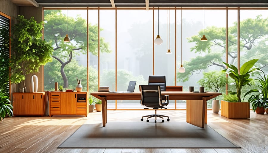 Sustainable wooden furniture in a spacious, zen-style home office