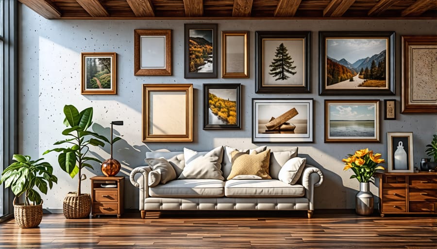 Creatively curated wall art display with various pieces