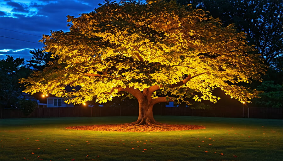 Tree illuminated by uplighting at night in a landscaped yard