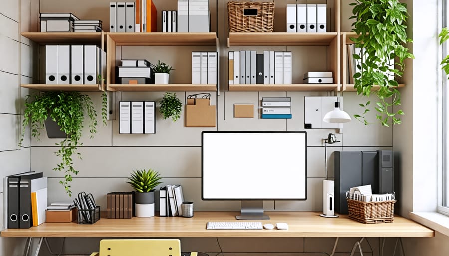 An efficient home office setup using vertical shelving and organizers.