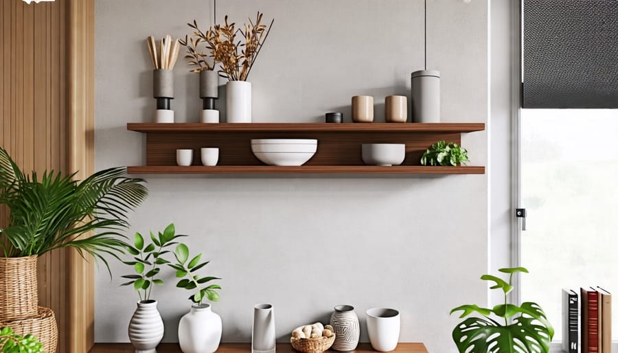 Wall-mounted shelves showcasing efficient use of vertical storage in a small apartment, with decorative and practical items.