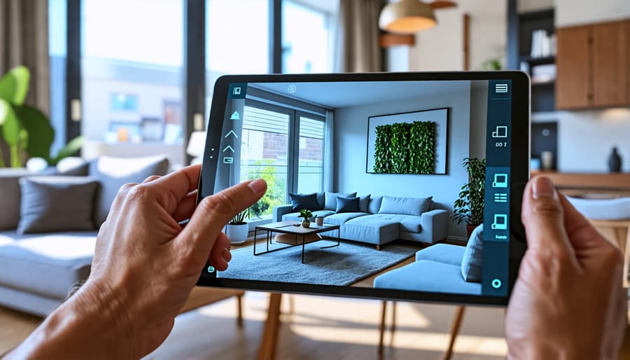 Individual editing a virtual interior design project on a tablet with a stylus