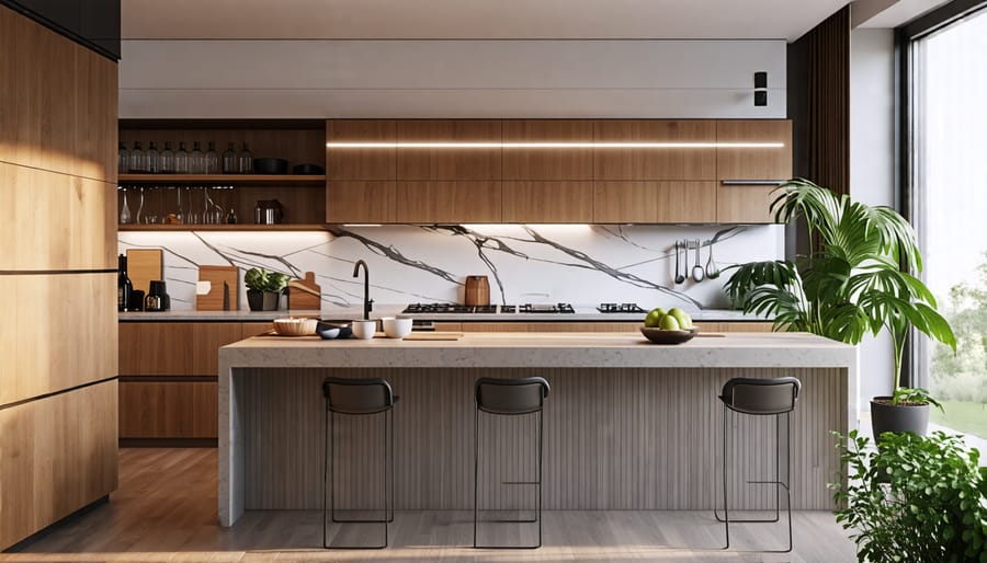 Photorealistic kitchen rendering with advanced lighting created using V-Ray software