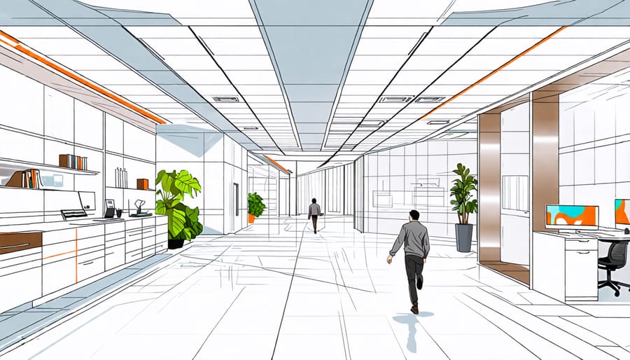 Depiction of a gravity-defying interior space that allows walking on walls and ceilings