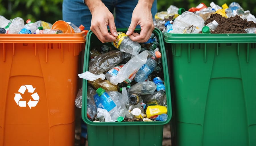 Hands separating waste into appropriate recycling, compost, and trash containers