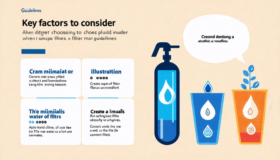 Visual guide on what to look for when selecting a water filter, such as filtration type and certifications