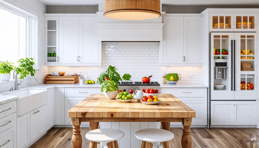 Small white kitchen featuring durable quartz countertops and a warm butcher block island