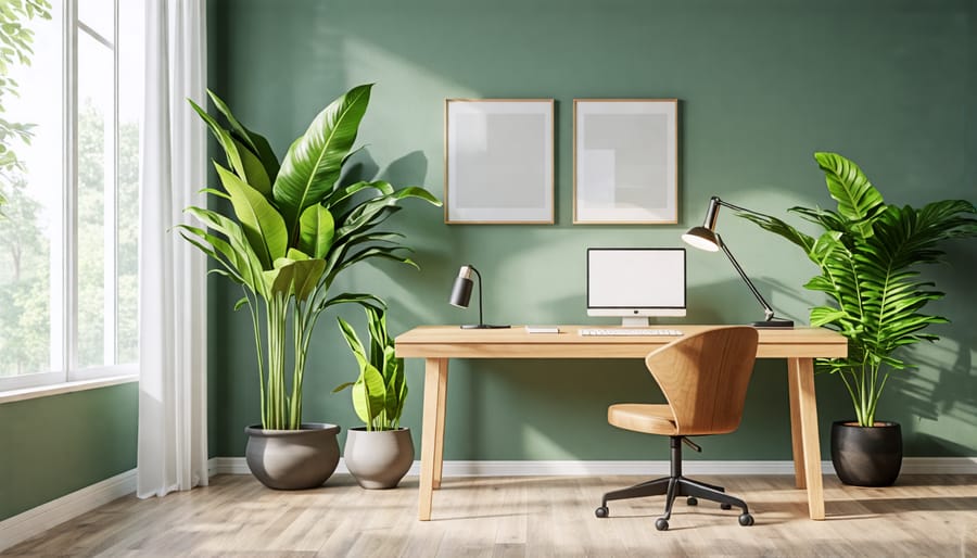 Calming zen home office with green wall, plants, and natural elements