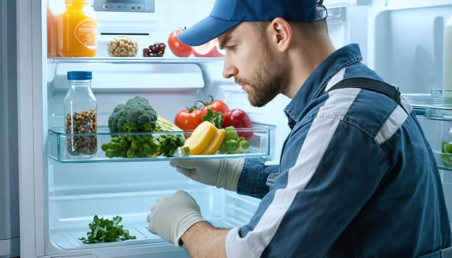 Technician troubleshooting a malfunctioning refrigerator