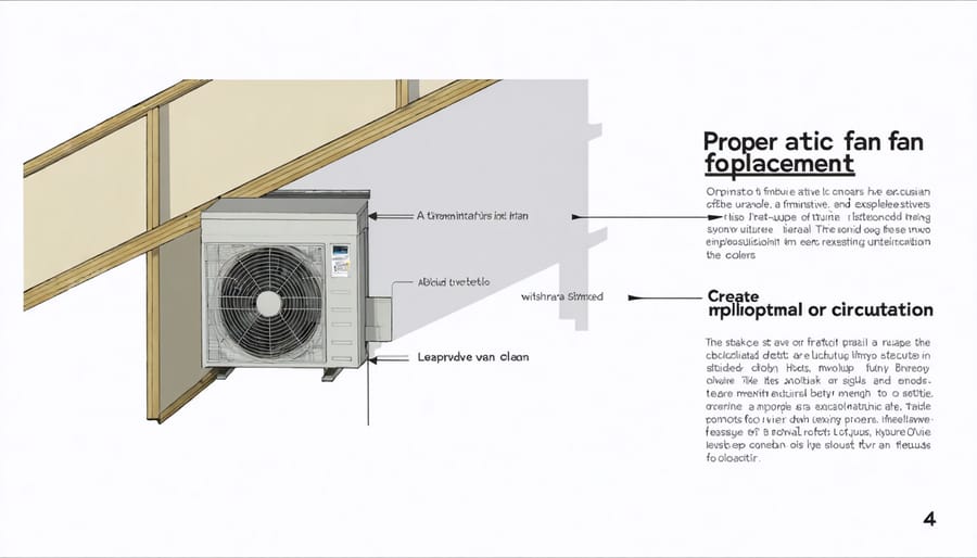 Illustration depicting ideal attic fan positioning for efficient cooling