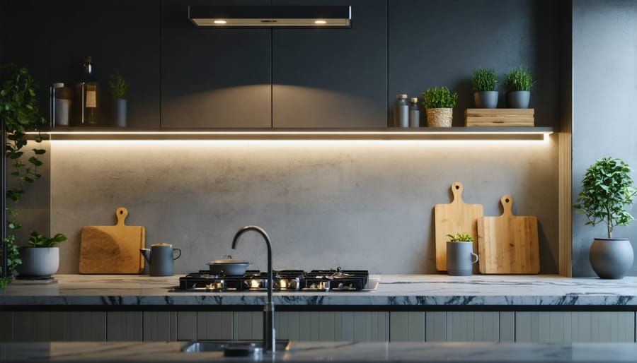 Soft LED strip lighting enhancing the ambiance of a modern kitchen