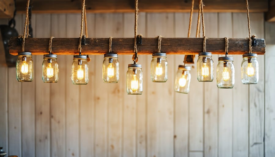 DIY mason jar pendant lights illuminating a cozy living space