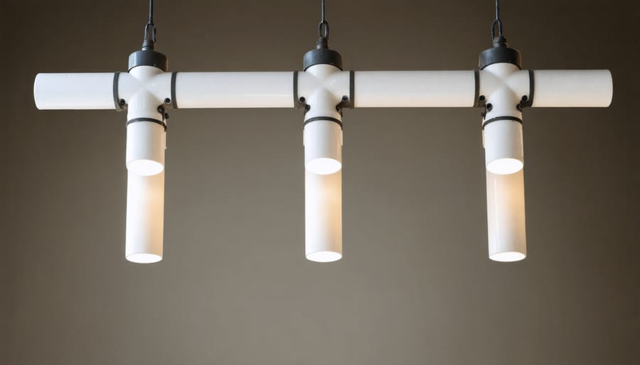 Creative PVC pipe light fixtures adding an industrial touch to a home office