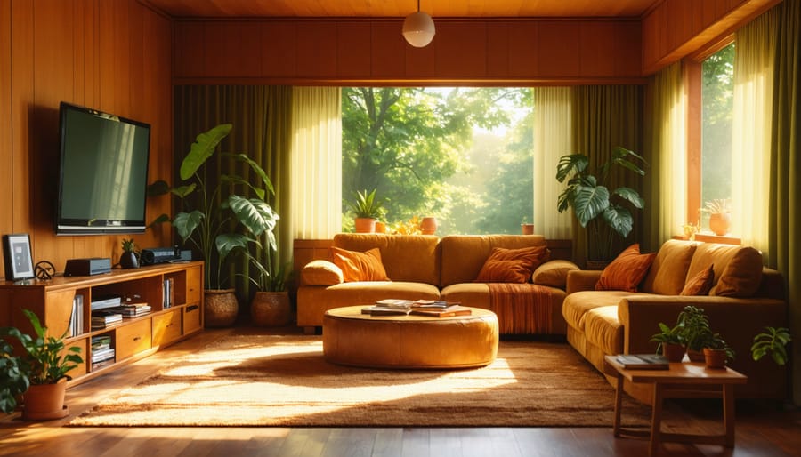 Vintage 1970s living room with conversation pit, featuring orange and brown color scheme and wood-paneled walls