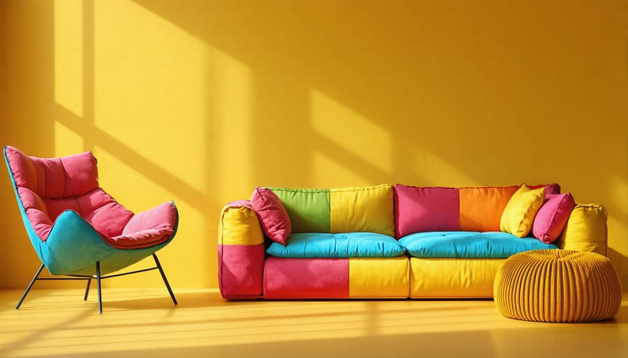 Classic 1970s furniture arrangement showing papasan chair, colorful bean bag, and sectional sofa with geometric patterns