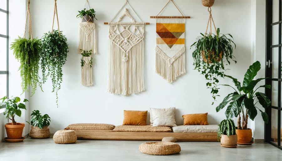 Vintage 1970s wall decor collection with macramé plant hangers, ceramic art, and geometric patterns