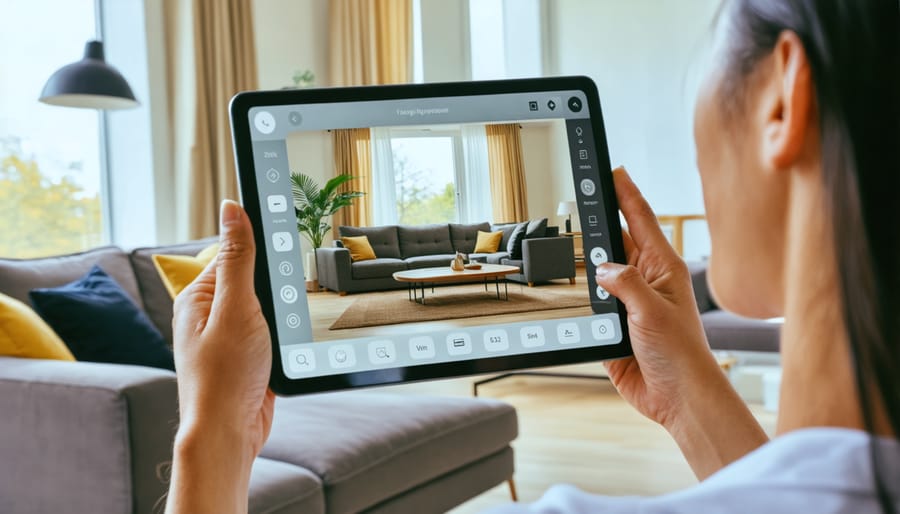 Augmented reality app showing virtual furniture in a real living room