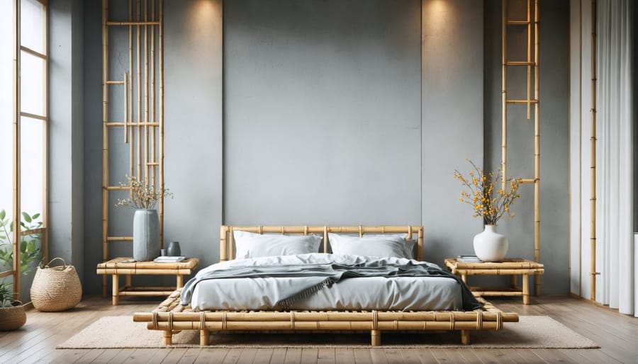 Minimalist bedroom featuring bamboo furniture