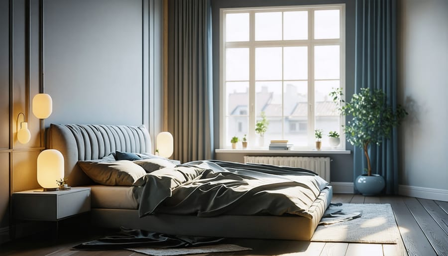 Bedroom interior featuring a mix of ambient, task, and accent lighting for a warm atmosphere