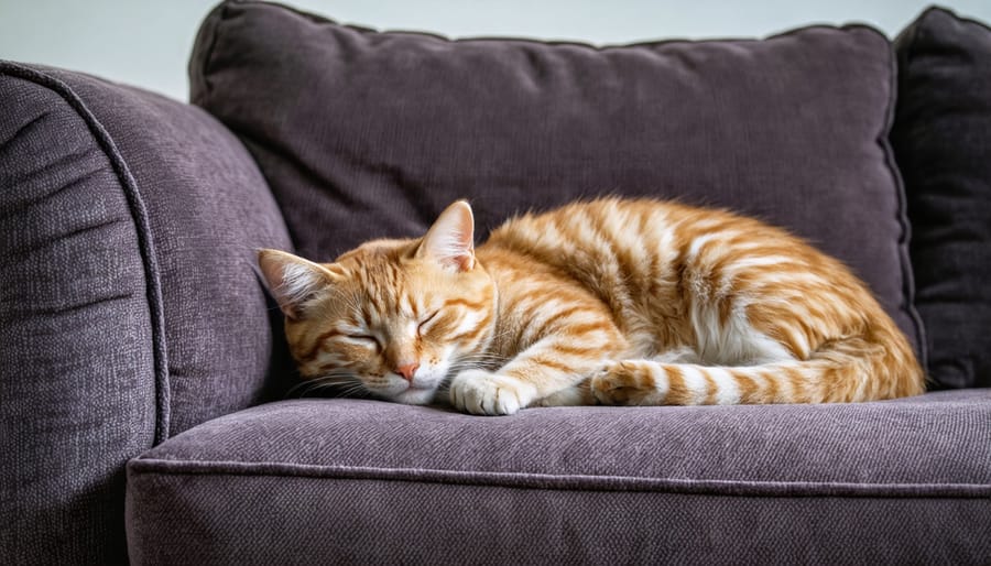 Cat napping on a sofa covered in durable, pet-friendly fabric