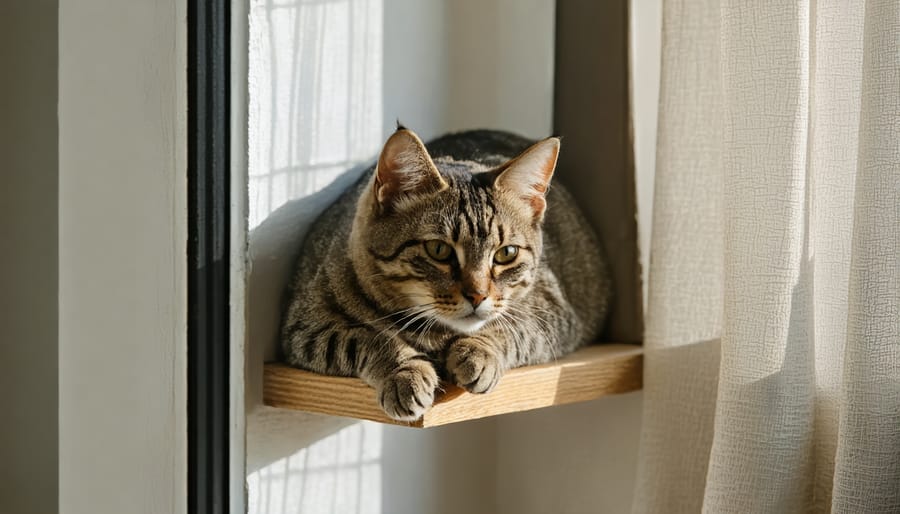 Cat napping on a stylish window perch that complements the room's design