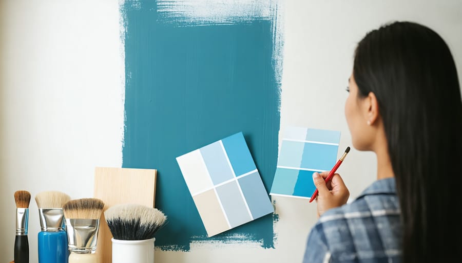 Person holding paint swatches up to a wall to choose the right eco-friendly color