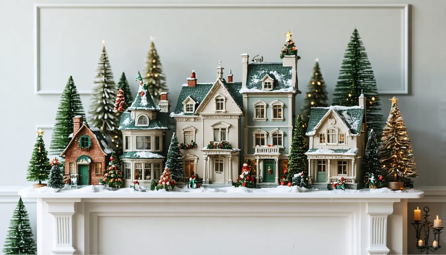 Creative Christmas village display arranged on a fireplace mantel