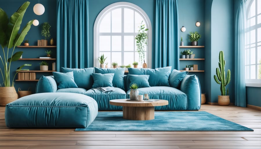 Harmonious living room interior with coordinated blue and green color palette