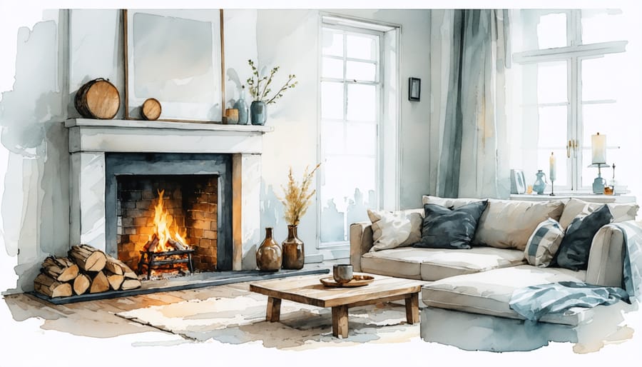 Cozy living room featuring a wood burning fireplace