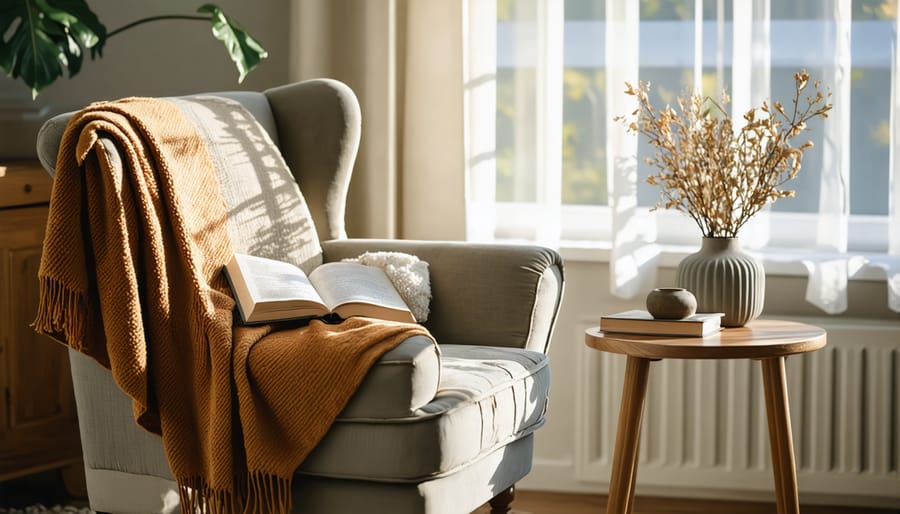 Inviting reading corner demonstrating the use of cozy textiles in minimalist design