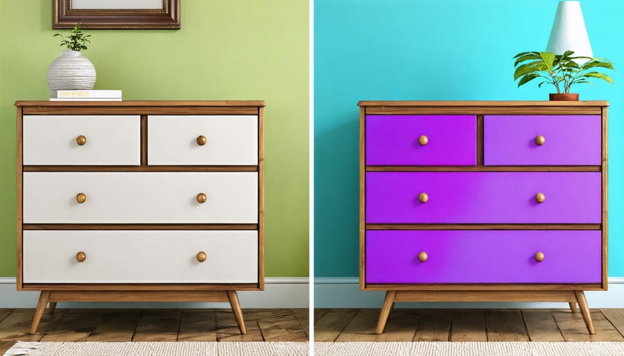 Before and after DIY furniture makeover with paint and new hardware