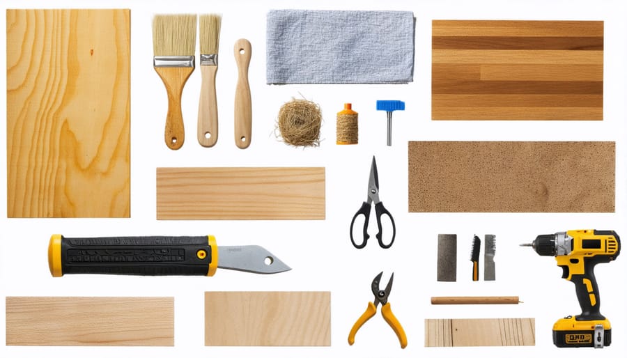 Assortment of materials and tools for DIY multifunctional furniture projects