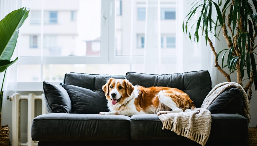 Dog relaxing on a pet-friendly sofa in a well-designed living room