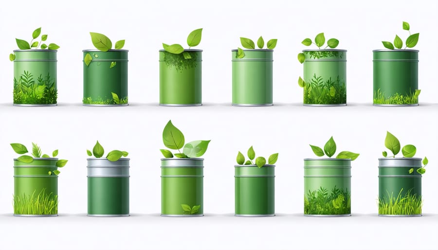 Assortment of eco-friendly paint cans with green leaves symbolizing sustainability