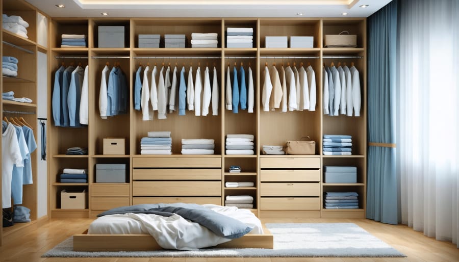 Maximized bedroom closet storage with various organizational elements