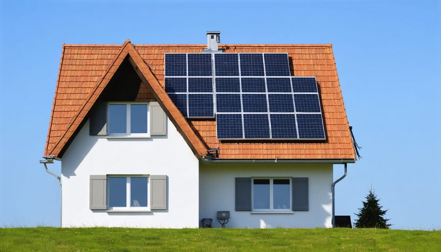 Energy-efficient home featuring solar panels, high-performance windows, and quality insulation