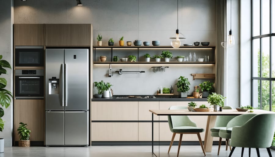 Energy-efficient stainless steel refrigerator in an eco-friendly kitchen design