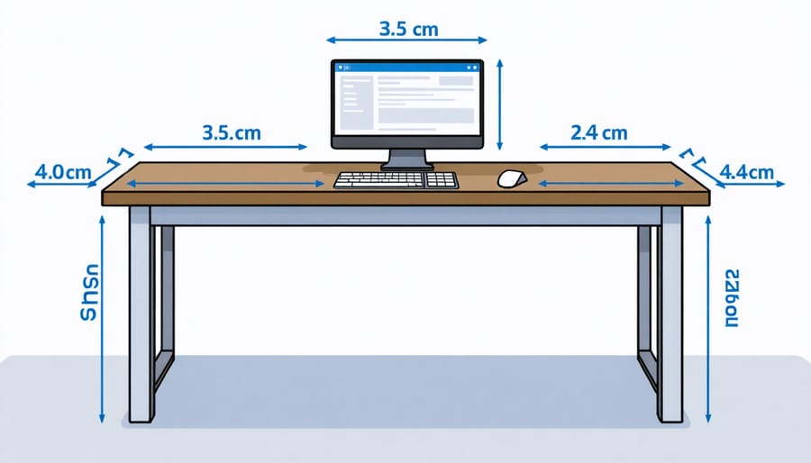 Diagram of an ergonomic desk setup with proper measurements and angles