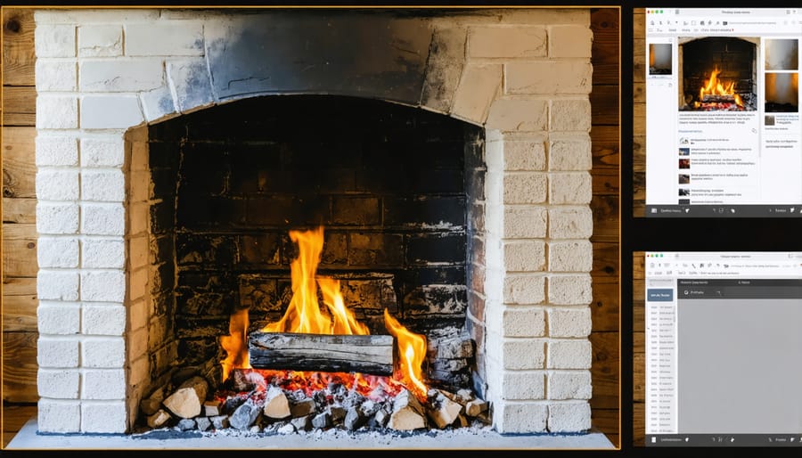 Series of images showing the step-by-step process of building a wood burning fireplace