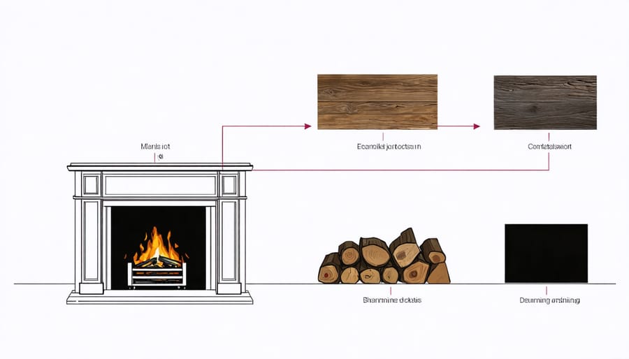 Diagram of a wood burning fireplace with labeled components