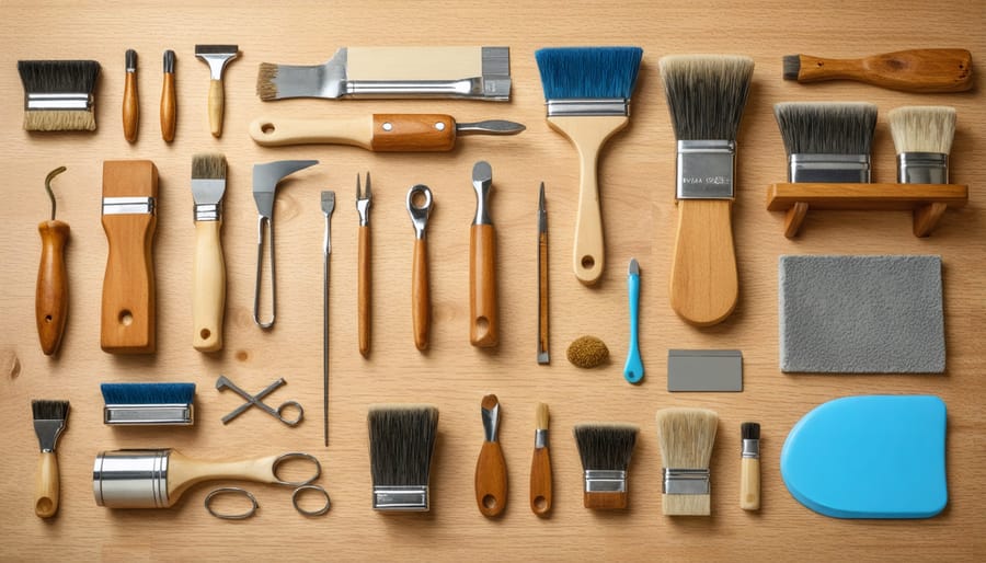 Collection of restoration tools including sandpaper, brushes, and protective gear