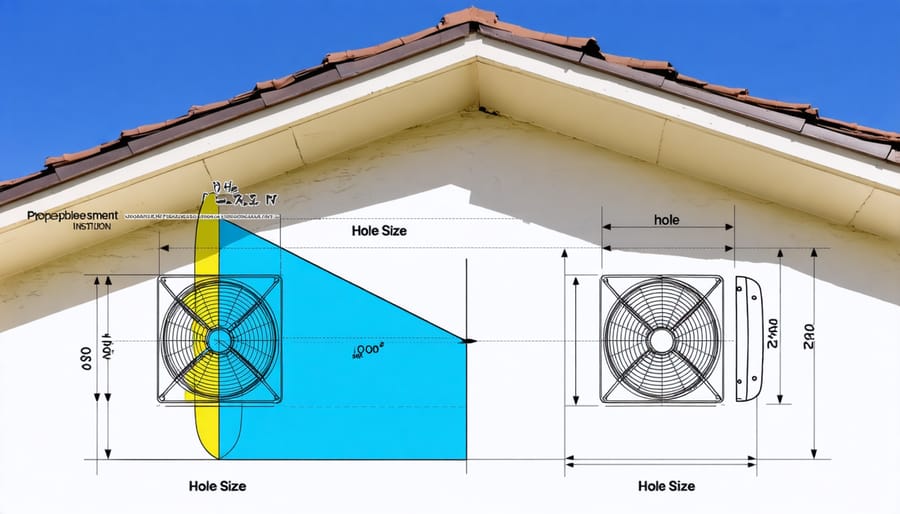 Instructional diagram for selecting gable fan placement and cutting appropriate sized hole